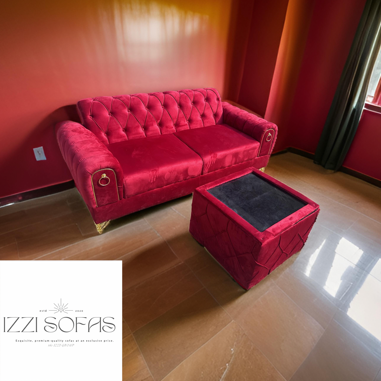 Wine velvet Monarch 3-in-1 and glass table Sofa Set