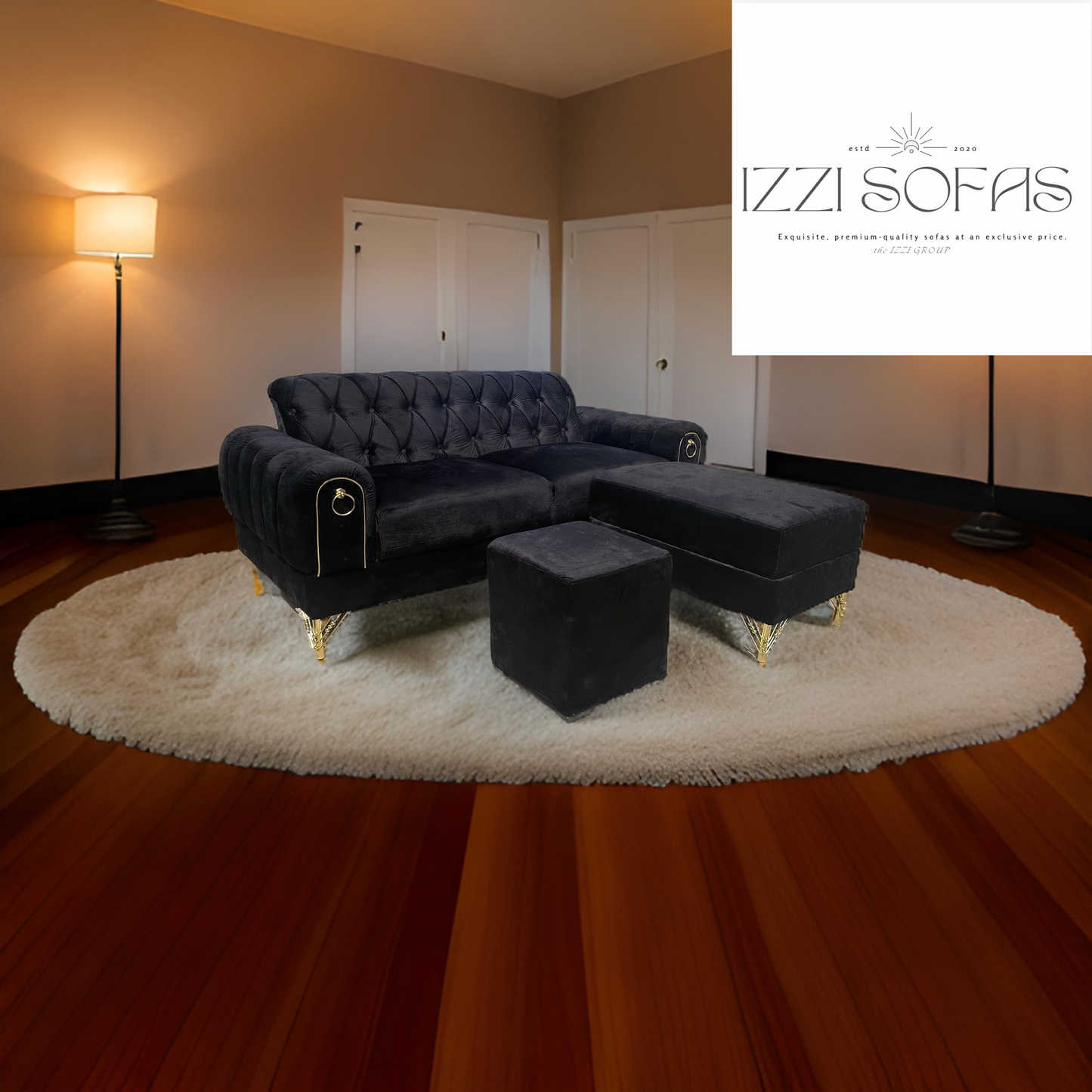 Black velvet Monarch 3-in-1 Sofa with legrest and coffee table Set