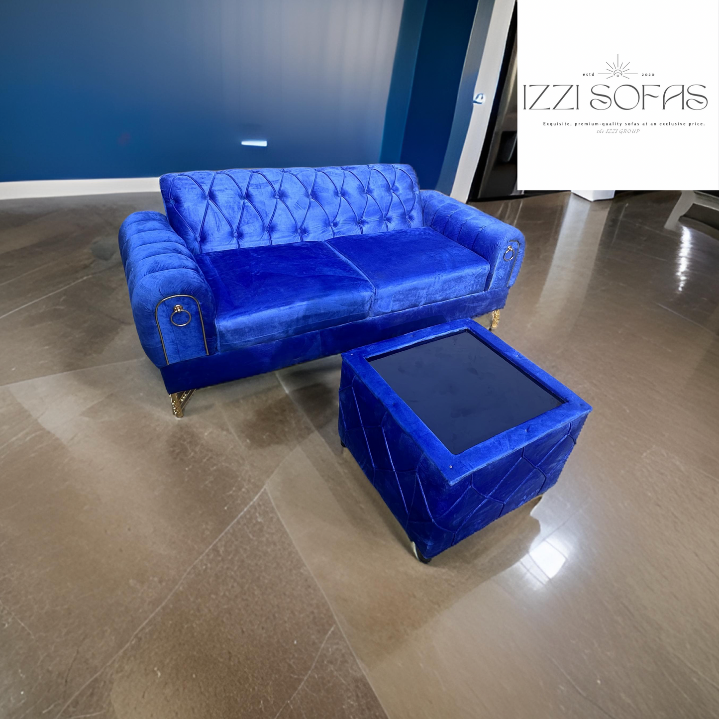 Blue velvet Monarch 3-in-1 Sofa with center table Set