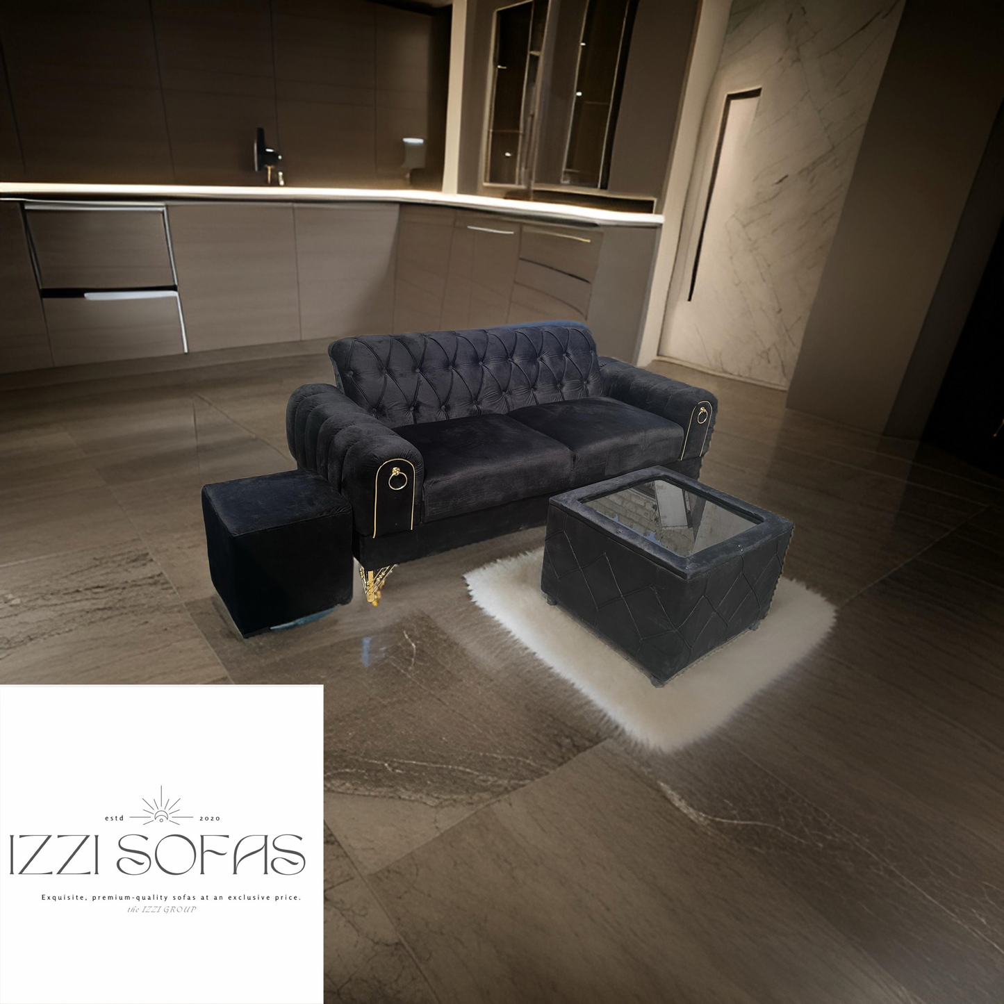 Black velvet Monarch 3-in-1 Sofa with center table and coffee table Set
