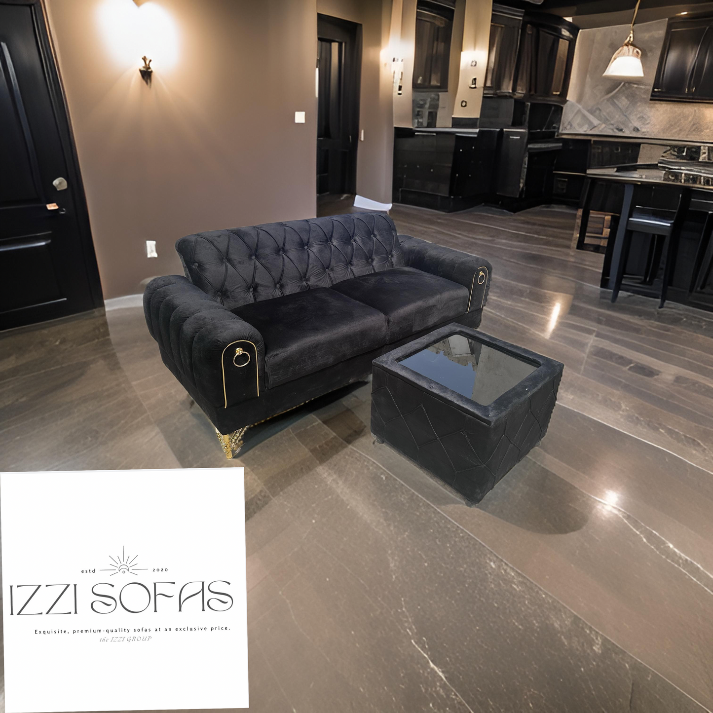 BLack velvet Monarch 3-in-1 Sofa and center table Set